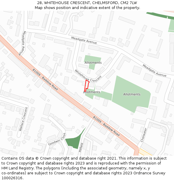 28, WHITEHOUSE CRESCENT, CHELMSFORD, CM2 7LW: Location map and indicative extent of plot