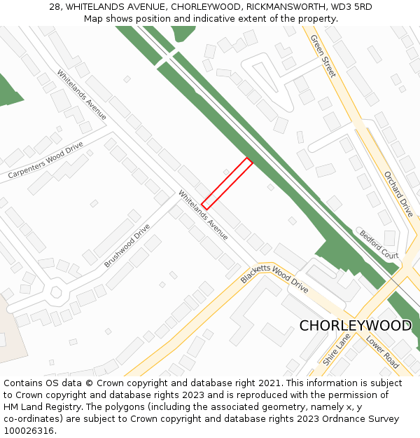 28, WHITELANDS AVENUE, CHORLEYWOOD, RICKMANSWORTH, WD3 5RD: Location map and indicative extent of plot
