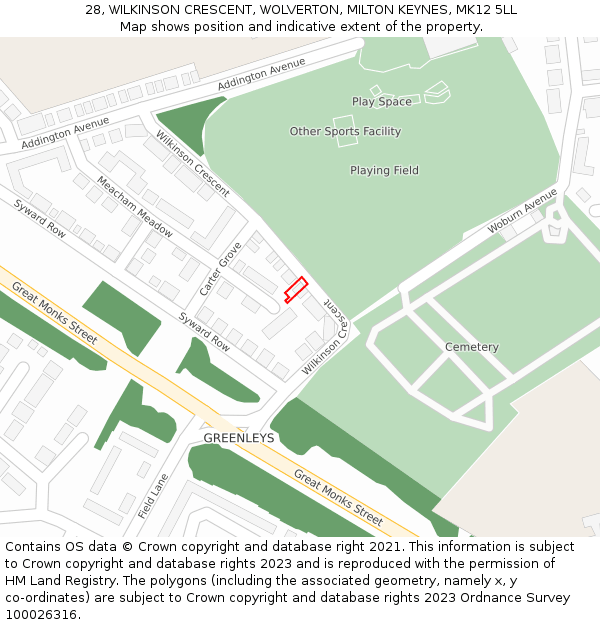 28, WILKINSON CRESCENT, WOLVERTON, MILTON KEYNES, MK12 5LL: Location map and indicative extent of plot