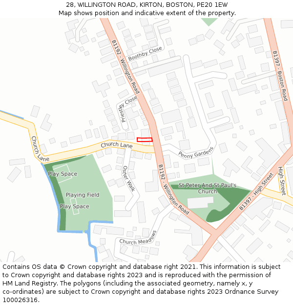 28, WILLINGTON ROAD, KIRTON, BOSTON, PE20 1EW: Location map and indicative extent of plot