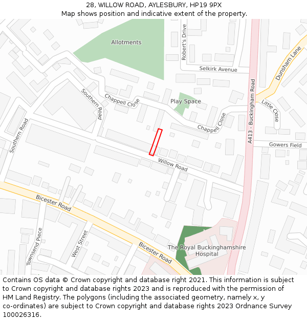 28, WILLOW ROAD, AYLESBURY, HP19 9PX: Location map and indicative extent of plot