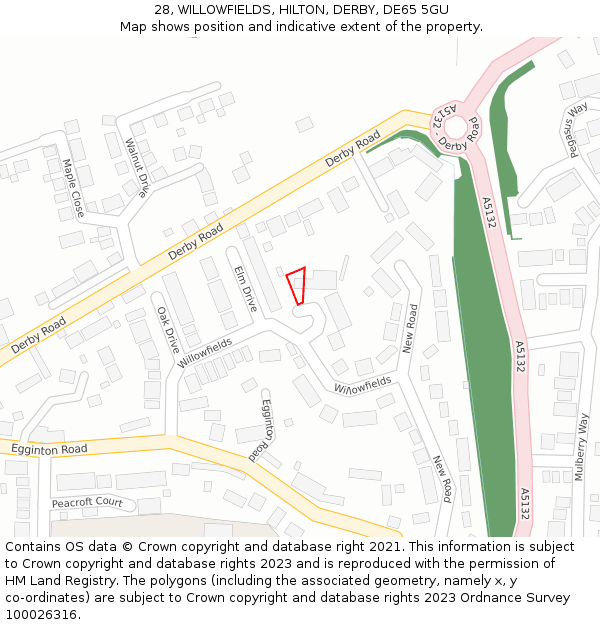 28, WILLOWFIELDS, HILTON, DERBY, DE65 5GU: Location map and indicative extent of plot