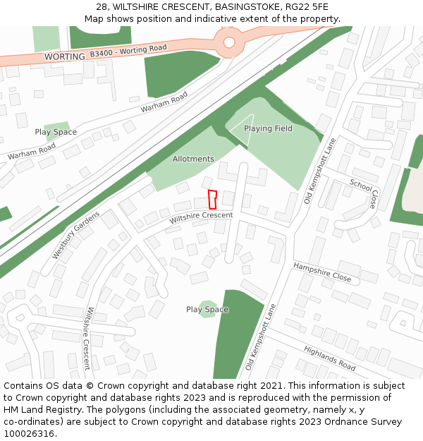28, WILTSHIRE CRESCENT, BASINGSTOKE, RG22 5FE: Location map and indicative extent of plot