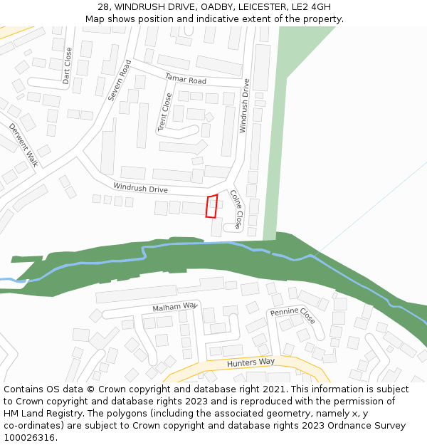 28, WINDRUSH DRIVE, OADBY, LEICESTER, LE2 4GH: Location map and indicative extent of plot