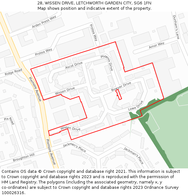 28, WISSEN DRIVE, LETCHWORTH GARDEN CITY, SG6 1FN: Location map and indicative extent of plot