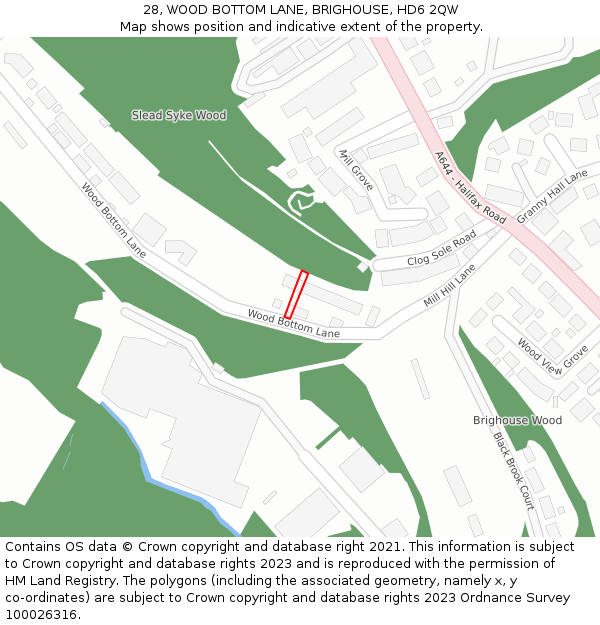 28, WOOD BOTTOM LANE, BRIGHOUSE, HD6 2QW: Location map and indicative extent of plot