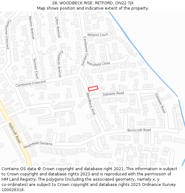 28, WOODBECK RISE, RETFORD, DN22 7JX: Location map and indicative extent of plot