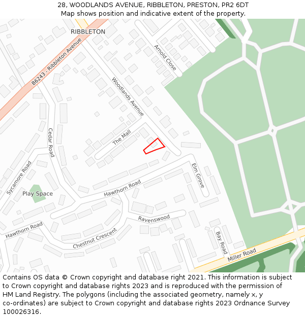 28, WOODLANDS AVENUE, RIBBLETON, PRESTON, PR2 6DT: Location map and indicative extent of plot