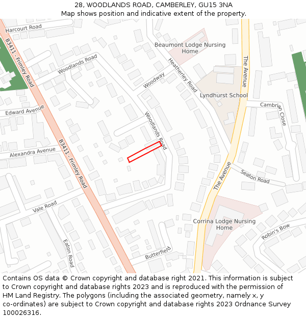 28, WOODLANDS ROAD, CAMBERLEY, GU15 3NA: Location map and indicative extent of plot