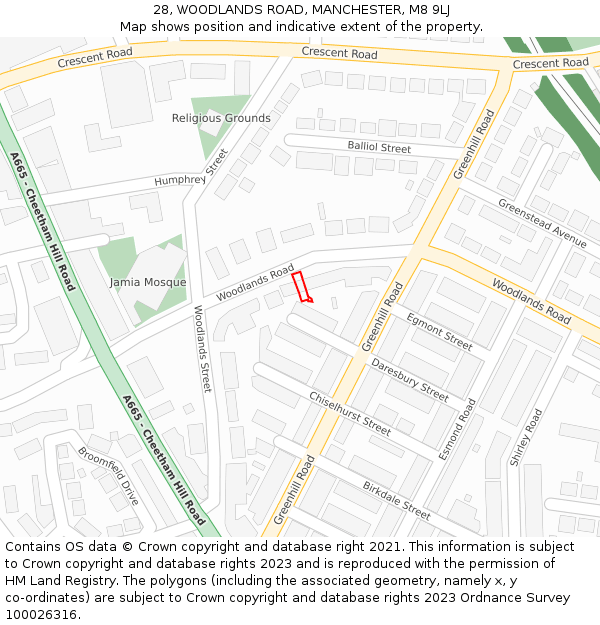 28, WOODLANDS ROAD, MANCHESTER, M8 9LJ: Location map and indicative extent of plot