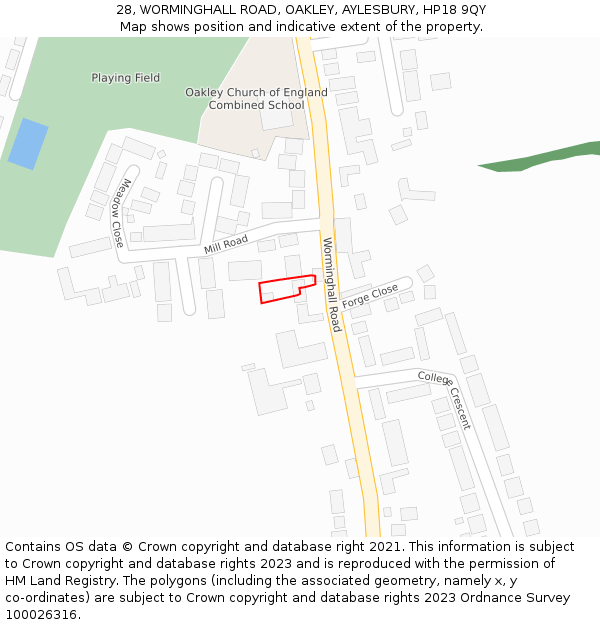 28, WORMINGHALL ROAD, OAKLEY, AYLESBURY, HP18 9QY: Location map and indicative extent of plot