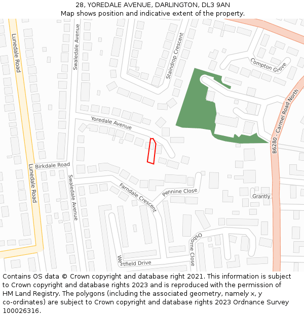 28, YOREDALE AVENUE, DARLINGTON, DL3 9AN: Location map and indicative extent of plot