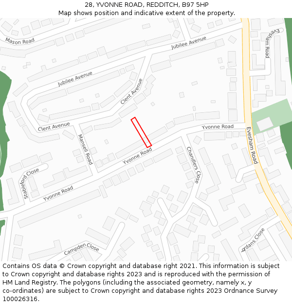 28, YVONNE ROAD, REDDITCH, B97 5HP: Location map and indicative extent of plot