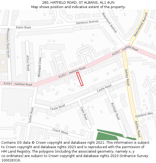 280, HATFIELD ROAD, ST ALBANS, AL1 4UN: Location map and indicative extent of plot