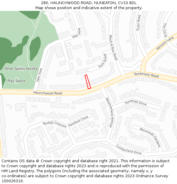 280, HAUNCHWOOD ROAD, NUNEATON, CV10 8DL: Location map and indicative extent of plot