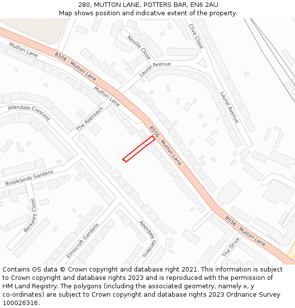 280, MUTTON LANE, POTTERS BAR, EN6 2AU: Location map and indicative extent of plot