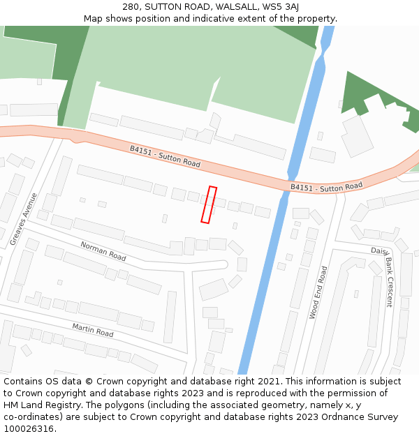 280, SUTTON ROAD, WALSALL, WS5 3AJ: Location map and indicative extent of plot