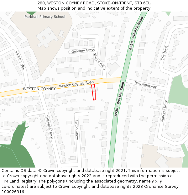 280, WESTON COYNEY ROAD, STOKE-ON-TRENT, ST3 6EU: Location map and indicative extent of plot