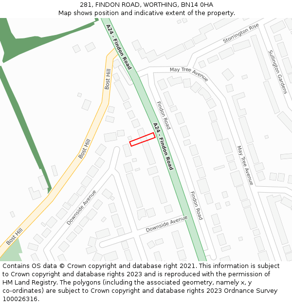 281, FINDON ROAD, WORTHING, BN14 0HA: Location map and indicative extent of plot