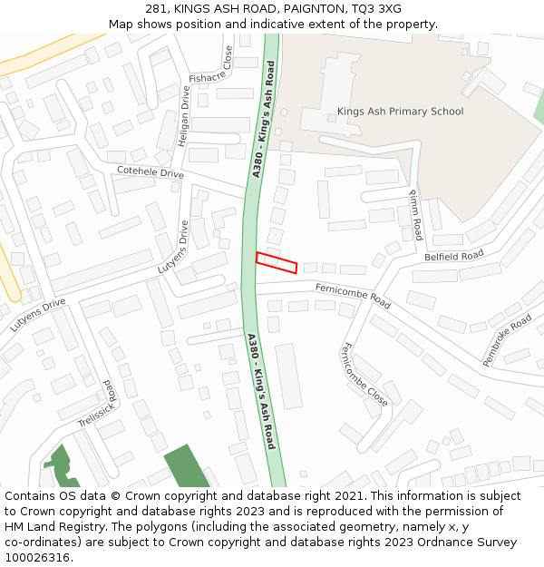 281, KINGS ASH ROAD, PAIGNTON, TQ3 3XG: Location map and indicative extent of plot