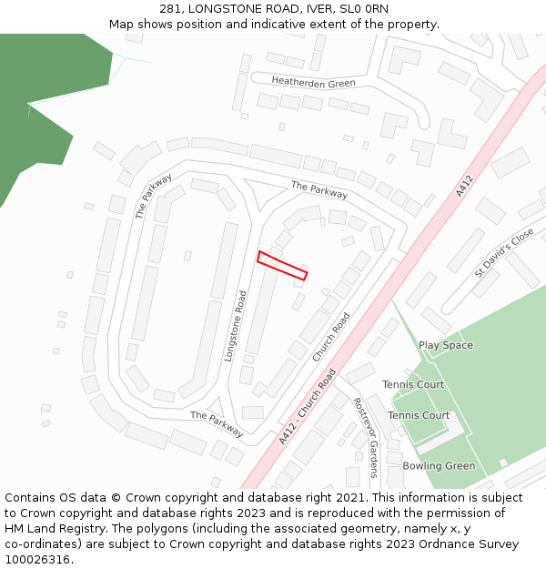 281, LONGSTONE ROAD, IVER, SL0 0RN: Location map and indicative extent of plot