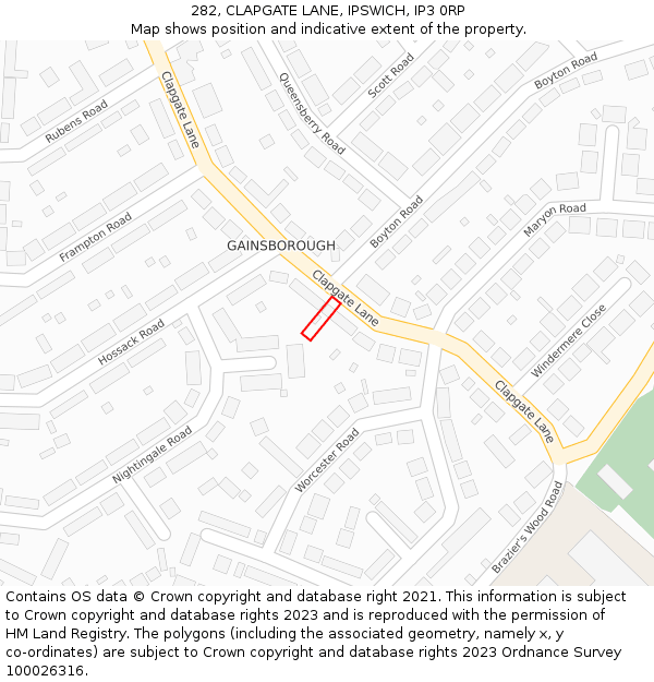 282, CLAPGATE LANE, IPSWICH, IP3 0RP: Location map and indicative extent of plot