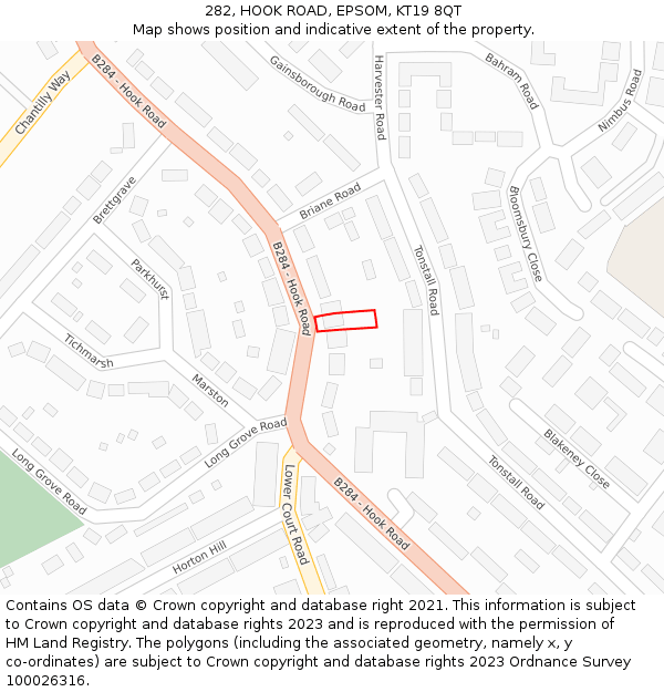 282, HOOK ROAD, EPSOM, KT19 8QT: Location map and indicative extent of plot