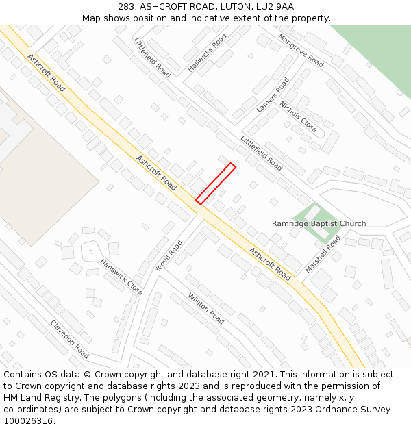 283, ASHCROFT ROAD, LUTON, LU2 9AA: Location map and indicative extent of plot
