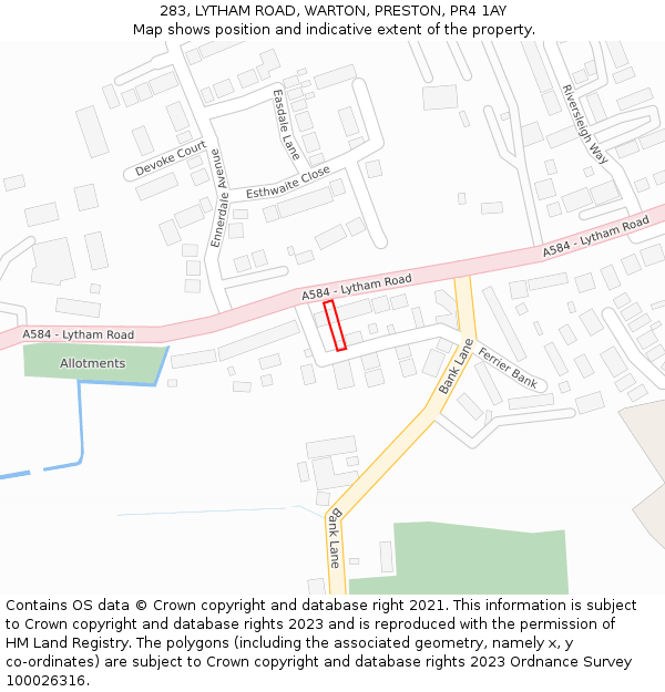 283, LYTHAM ROAD, WARTON, PRESTON, PR4 1AY: Location map and indicative extent of plot