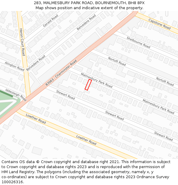283, MALMESBURY PARK ROAD, BOURNEMOUTH, BH8 8PX: Location map and indicative extent of plot