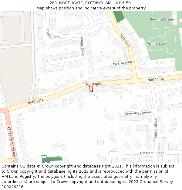 283, NORTHGATE, COTTINGHAM, HU16 5RL: Location map and indicative extent of plot