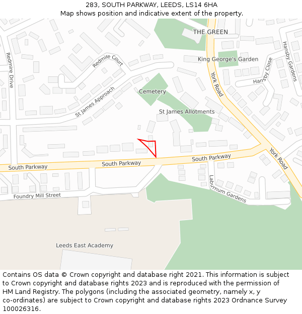 283, SOUTH PARKWAY, LEEDS, LS14 6HA: Location map and indicative extent of plot
