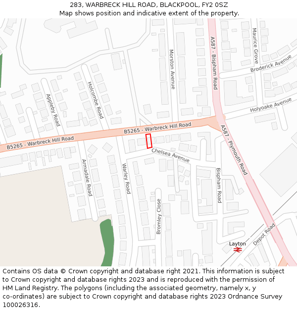 283, WARBRECK HILL ROAD, BLACKPOOL, FY2 0SZ: Location map and indicative extent of plot