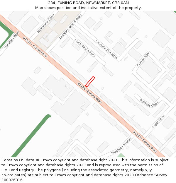 284, EXNING ROAD, NEWMARKET, CB8 0AN: Location map and indicative extent of plot