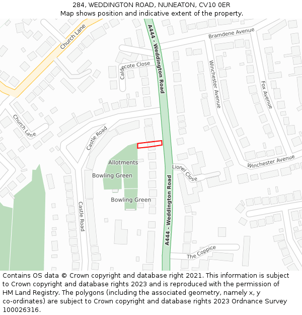 284, WEDDINGTON ROAD, NUNEATON, CV10 0ER: Location map and indicative extent of plot