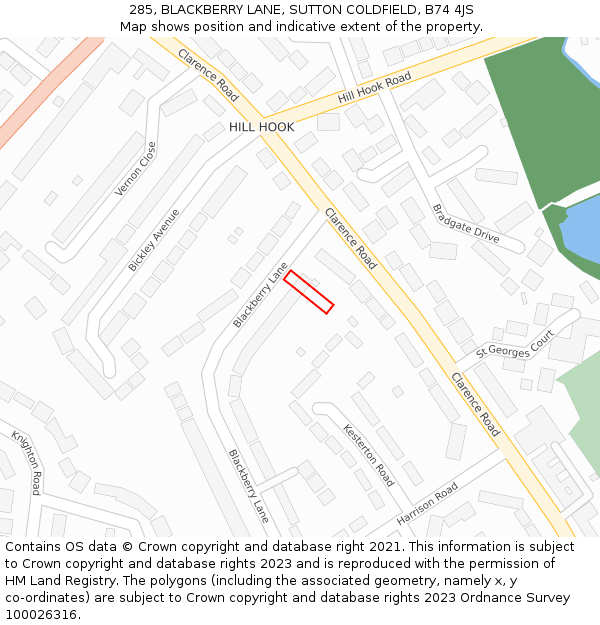 285, BLACKBERRY LANE, SUTTON COLDFIELD, B74 4JS: Location map and indicative extent of plot