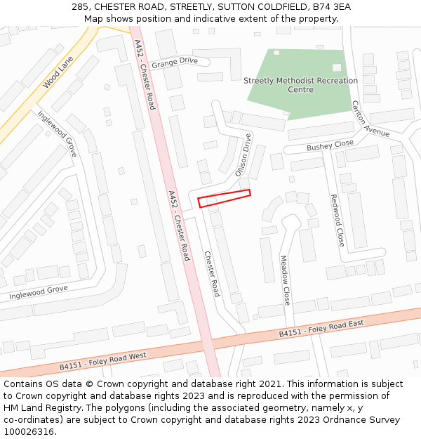 285, CHESTER ROAD, STREETLY, SUTTON COLDFIELD, B74 3EA: Location map and indicative extent of plot