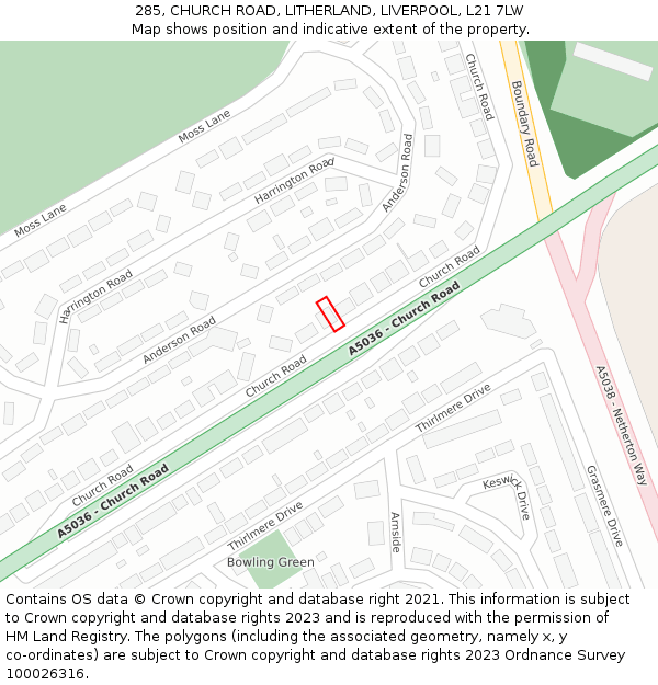 285, CHURCH ROAD, LITHERLAND, LIVERPOOL, L21 7LW: Location map and indicative extent of plot