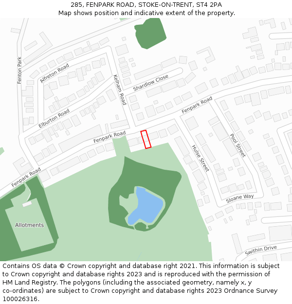 285, FENPARK ROAD, STOKE-ON-TRENT, ST4 2PA: Location map and indicative extent of plot