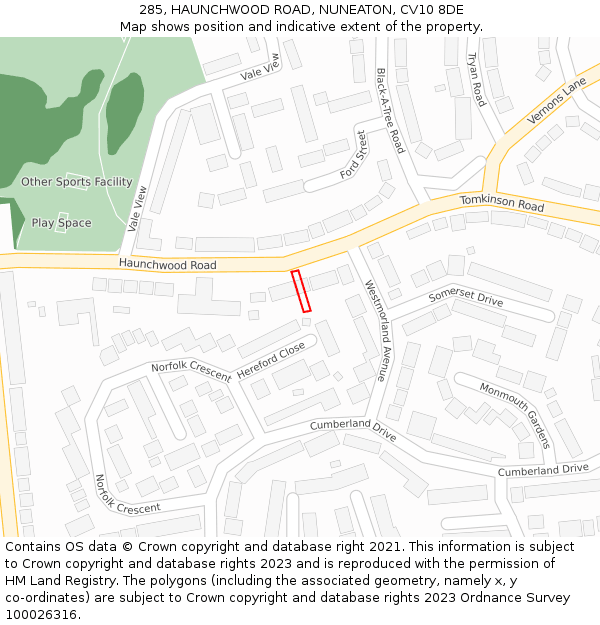 285, HAUNCHWOOD ROAD, NUNEATON, CV10 8DE: Location map and indicative extent of plot