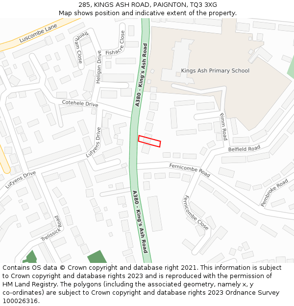 285, KINGS ASH ROAD, PAIGNTON, TQ3 3XG: Location map and indicative extent of plot