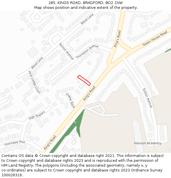 285, KINGS ROAD, BRADFORD, BD2 1NW: Location map and indicative extent of plot