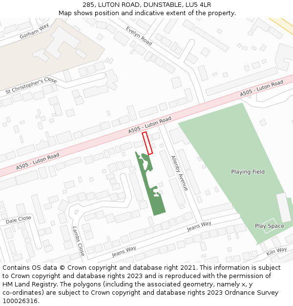 285, LUTON ROAD, DUNSTABLE, LU5 4LR: Location map and indicative extent of plot