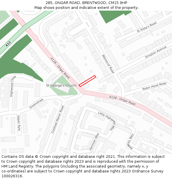 285, ONGAR ROAD, BRENTWOOD, CM15 9HP: Location map and indicative extent of plot