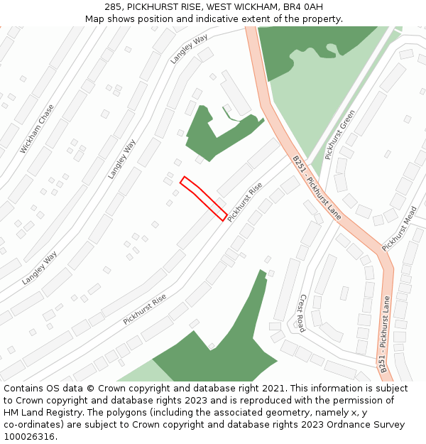 285, PICKHURST RISE, WEST WICKHAM, BR4 0AH: Location map and indicative extent of plot