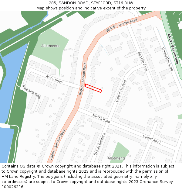 285, SANDON ROAD, STAFFORD, ST16 3HW: Location map and indicative extent of plot