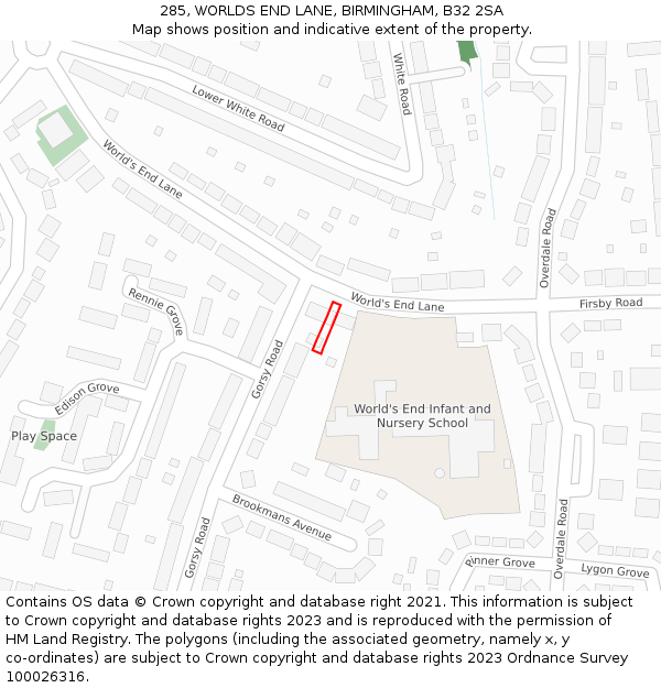 285, WORLDS END LANE, BIRMINGHAM, B32 2SA: Location map and indicative extent of plot