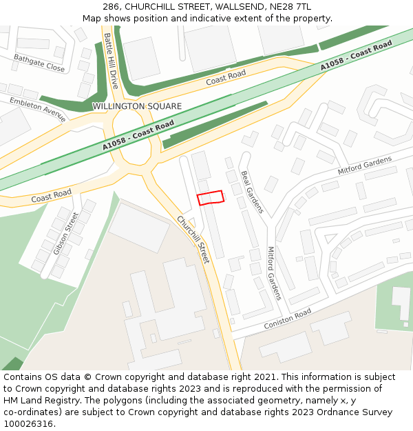 286, CHURCHILL STREET, WALLSEND, NE28 7TL: Location map and indicative extent of plot