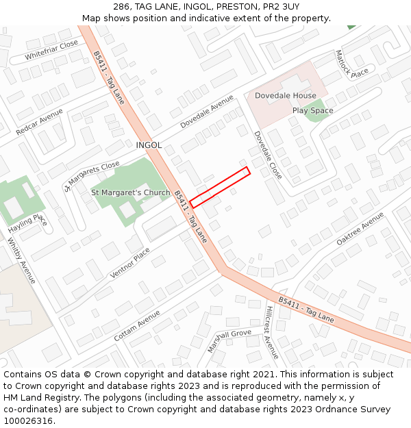 286, TAG LANE, INGOL, PRESTON, PR2 3UY: Location map and indicative extent of plot
