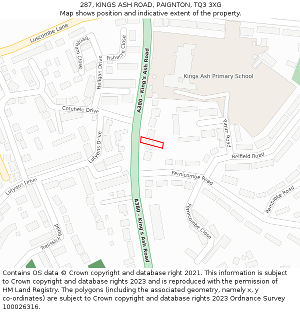 287, KINGS ASH ROAD, PAIGNTON, TQ3 3XG: Location map and indicative extent of plot